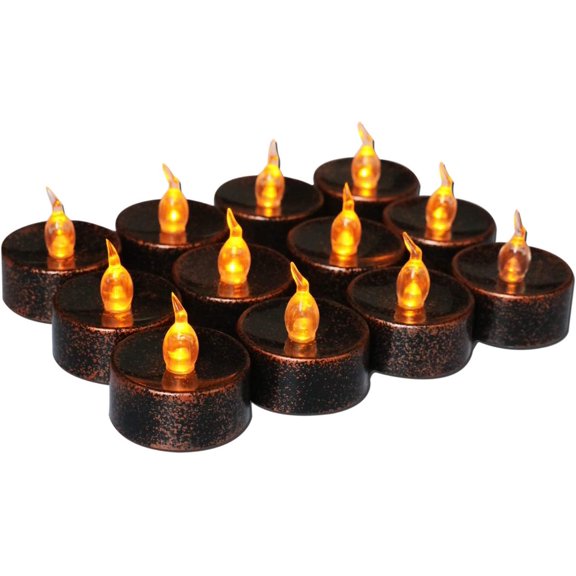 12PCS Tea Light Battery Operated LED Candles Yellow Flickering,Copper Tealights for Halloween Party Home Decor(not Timer)
