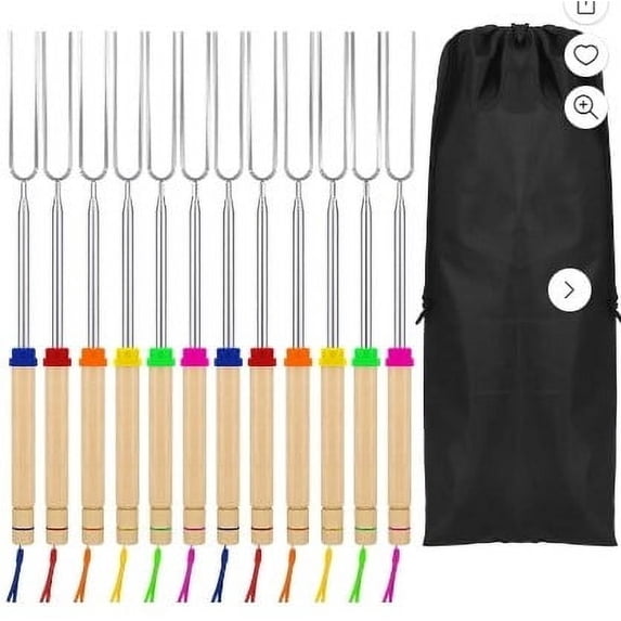 12PCS Telescoping U-Shaped Roasting Forks with Wooden Handle, Double Prongs Stainless Steel for BBQ, Campfire, Oven, Fruit & Veg, Includes Storage Bag 12–32in