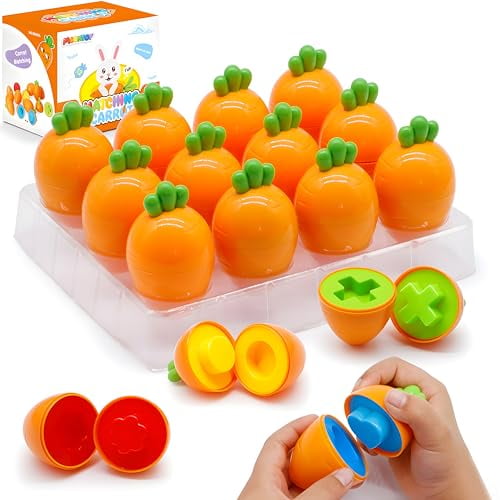 12PCS Toddler Carrot Matching Eggs Easter Toys for 1 2 3 Year Old Party Favors Educational Shape Sorter Montessori Sensory Preschool Classroom Easter Gifts for Kids Easter Basket Stuffers
