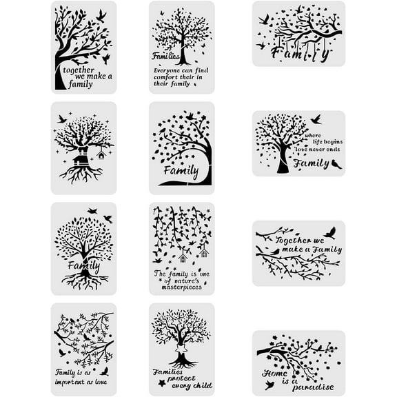 12PCS Tree Pattern Plastic Drawing Templates 12x8 Inch Tree of Life Theme Painting Template Stencil for Scrabooking Card Making DIY Wall Floor Decoration white
