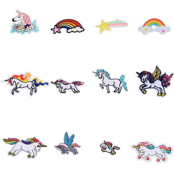 12PCS Unicorn Iron On Patch Embroidered Fabric Appliques Motif Rainbow Decoration Sew On Stickers for Clothing Bags Hats Embroidery Arts Crafts