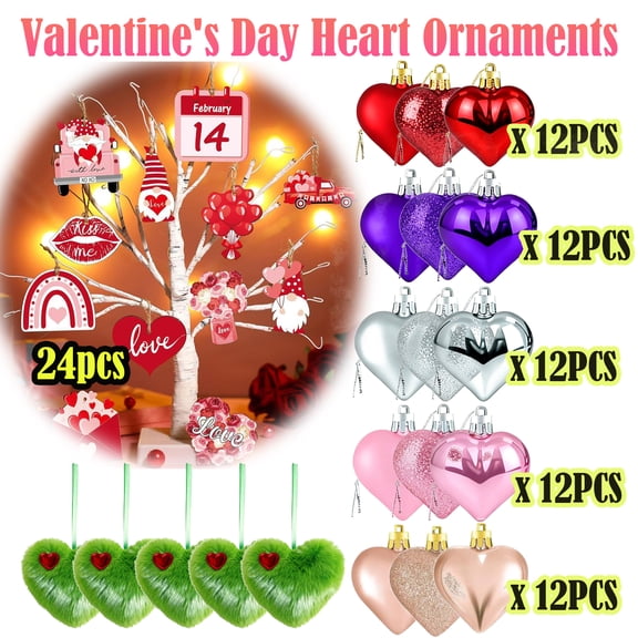 12PCS Valentines Day Heart Ornaments, Heart Shaped Baubles Hanging Decorations, Romantic Heart Christmas Tree Ornaments for Valentines Day Wedding Anniversary Party Home Decor, AKLJWH