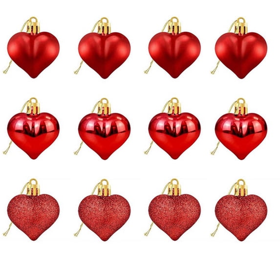12PCS Valentines Day Mini Heart Ornaments 1.8 Inch Christmas Decorations Glitter Plastic Hearts Shape Hanging Ornament Baubles for Holiday Tree Wedding Anniversary Home Party Decor (Red)