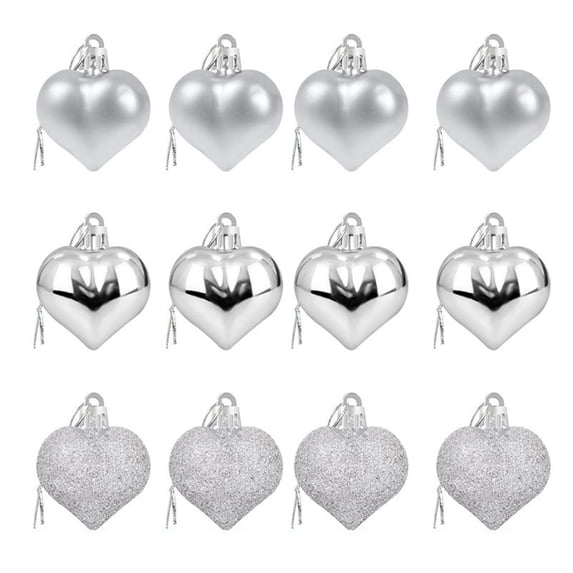 12PCS Valentines Day Mini Heart Ornaments 1.8 Inch Christmas Decorations Glitter Plastic Hearts Shape Hanging Ornament Baubles for Holiday Tree Wedding Anniversary Home Party Decor (Silver)