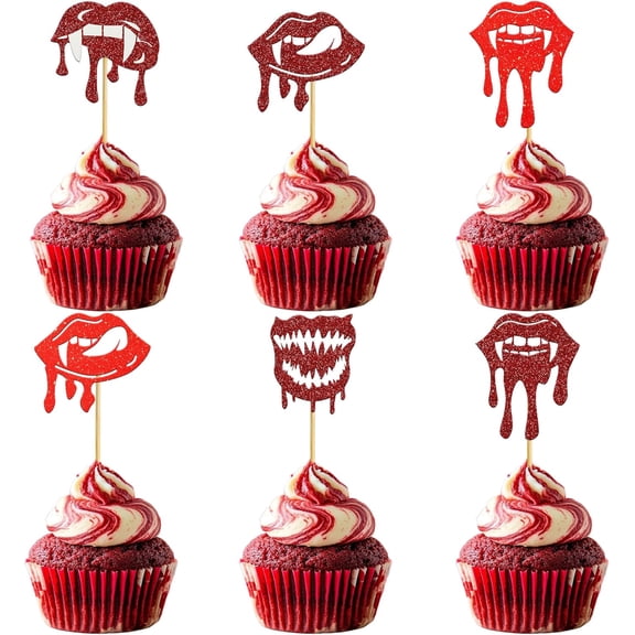 12PCS Vampire Lips Cupcake Toppers, Glitter Red Bloody Lips Fangs Cupcake Picks, Halloween Party Decorations