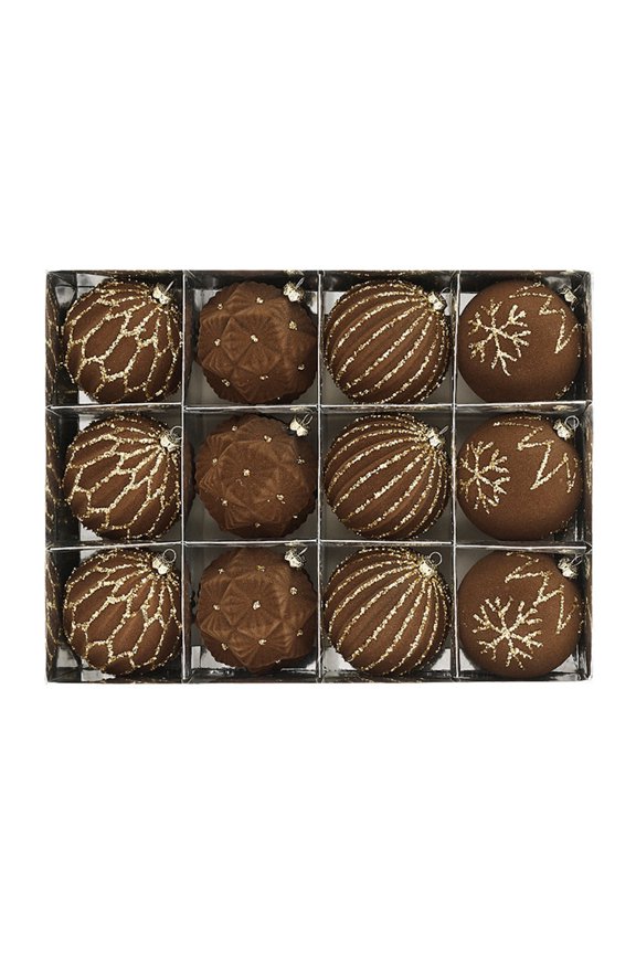 12PCS Velvet Christmas Ball Ornaments - 80mm/3.15 in Flocked Christmas Ornaments Hanging Shatterproof Plastic Ball Decorations for Xmas Tree, Holiday, Wedding, Party,  Brown