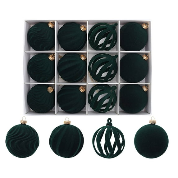 12PCS Velvet Christmas Balls 2.36" Flocked Christmas Tree Ornaments Shatterproof Plastic Xmas Balls Wine Red Brown Dark Green Coffee Xmas Tree Hanging Decorations for Indoor Holiday Party Decor