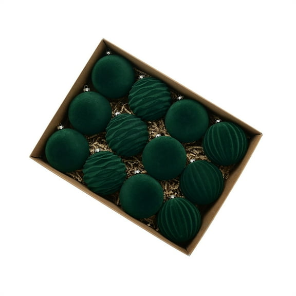 12PCS Velvet Christmas Ornaments - 3.15" Flocked Green Xmas Tree Balls, Shatterproof Holiday Decorations for Indoor Winter Party Decor