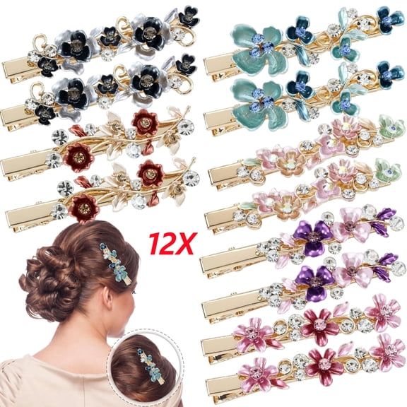 12PCS Vintage Sparkly Rhinestone Flower Duckbill Hair Barrettes Metal Alligator Hair Clips Accessories for Women Girls