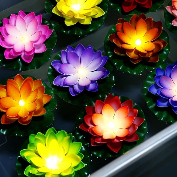 12PCS Waterproof Floating Lotus Light, 5 Inch Floating Lily Flower Water Activated Artificial Flowers Battery Operated Warm White Light for Wedding Pool Anniversary Garden Decor