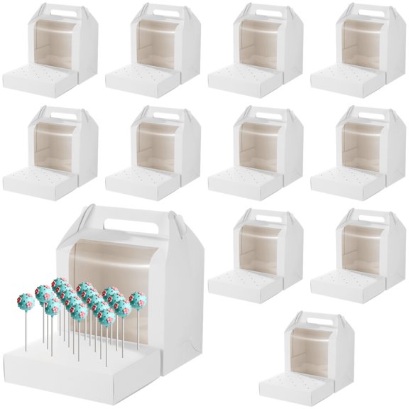 12PCS White Cake Pop Boxes, 8.7" x 5.9" x 10.6" Portable Cake Pop Holder Boxes Display Stands with 18-Hole Base for Lollipop, Candy