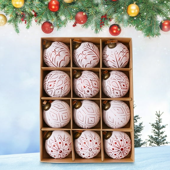 12PCS White Christmas Ball Ornaments with Gold Hand-Painted Patterns, Multi-Style Ceramic-Like Decor, Hanging Baubles for Elegant Xmas Tree & Festive Arrangements