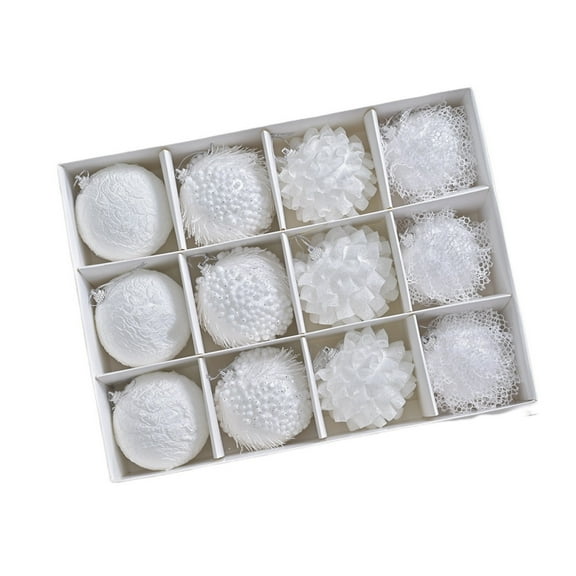 12PCS White Christmas Tree Ornaments Set, 8cm Lace Trim Shatterproof Balls with Mixed Designs for Holiday Home Office Party Decorations