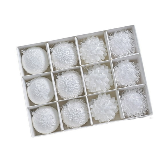 12PCS White Christmas Tree Ornaments Set, 8cm Lace Trim Shatterproof Balls with Mixed Designs for Holiday Home Office Party Decorations