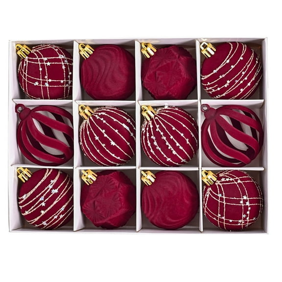 12PCS Wine Red Velvet Christmas Balls 2.36inch Flocked Textures Xmas Tree Ball Ornaments Decorations