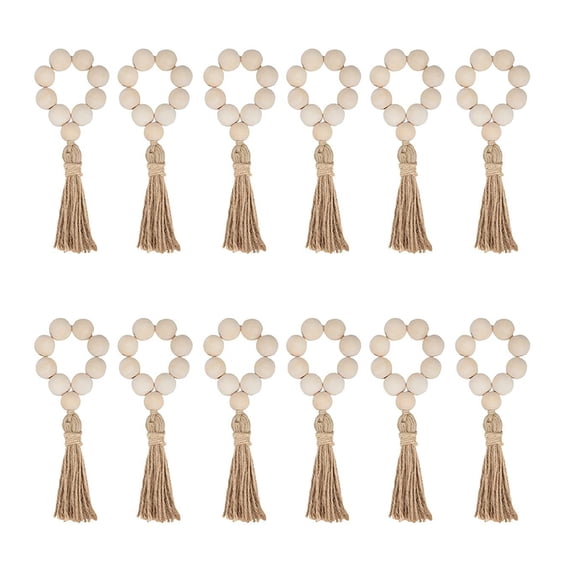 12PCS Wooden Bead Napkin Rings with Jute Tassels, Farmhouse Rustic Elastic Napkin Rings for Parties, Weddings, Banquets, and Dinner Table Decor