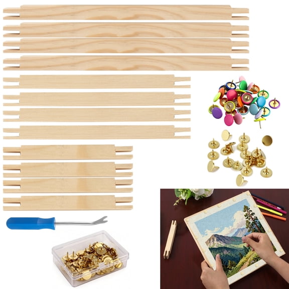 12PCS Wooden Canvas Stretcher Bars with Tacks Remover, 100PCS Thumb Tacks, Storage Box, 6, 8, 10 in Stretcher Bars for Needlework, Wood Frame for Embroidery Stitch
