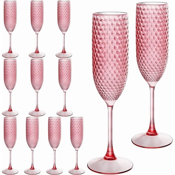 12PCS pink Plastic Champagne Flutes Diamond Crystal Glasses Vintage Goblet Unbreakable Wedding Toasting Cups Wine Drinking Glasses for Bridal Shower
