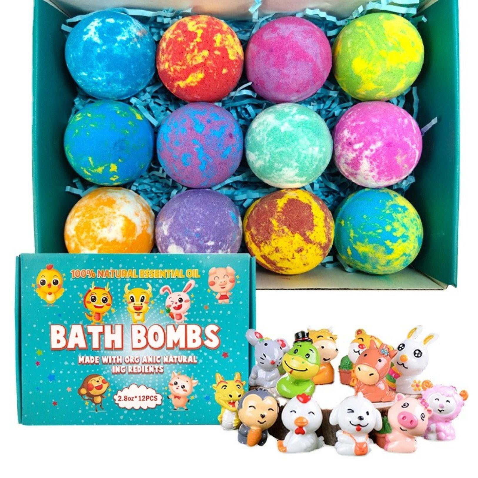 12PCs Forest Themed Bath Bombs Set With Surprise Inside,Mega Bubble Salt Ball Gift Set With Cute Chinese Zodiac Ornaments Inside,Natural Ingredient Bath Salt Skin-Friendly Bathing for Family