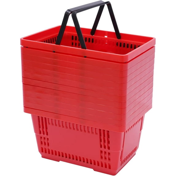 12PCs Shopping Baskets, 18L Plastic Shopping Baskets with Handles, Store Baskets with Durable Material Used for Supermarket, Retail, Bookstore, 43x30x23cm/17x12x9inch, Capacity: 10kg/22lbs (Red)