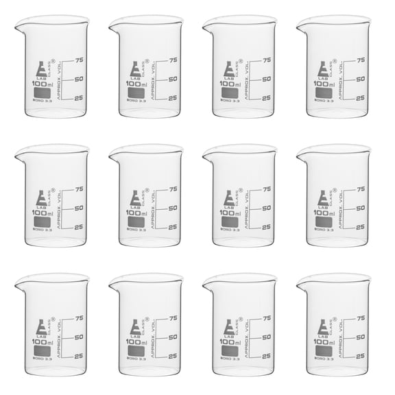 12PK Beakers, 100ml - Low Form with Spout - White, 25ml Graduations - Borosilicate 3.3 Glass - Eisco Labs