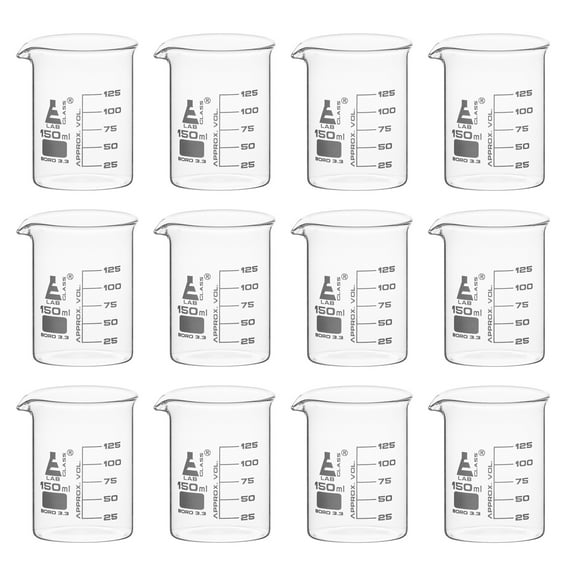 12PK Beakers, 150mL - Low Form with Spout - White, 25mL Graduations - Borosilicate 3.3 Glass - Eisco Labs