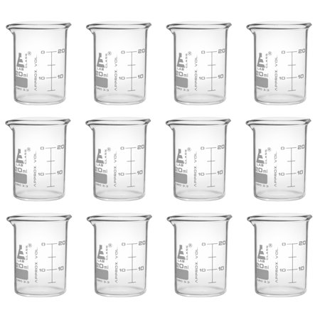 12PK Beakers, 20ml - ASTM - Low Form with Spout - Dual Scale, White Graduations - Borosilicate 3.3 Glass - Eisco Labs