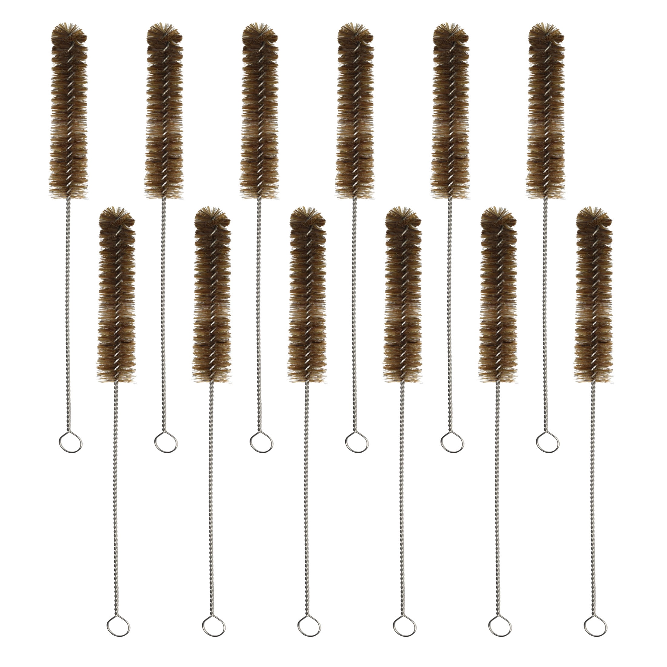 12PK Bristle Cleaning Brushes with Fan-Shaped Ends, 9.25" - Twisted Stainless Steel Wire Handle - Ideal for 0.3" - 0.5" Tubes, Bottles, Cylinders, Flasks, Straws - Eisco Labs
