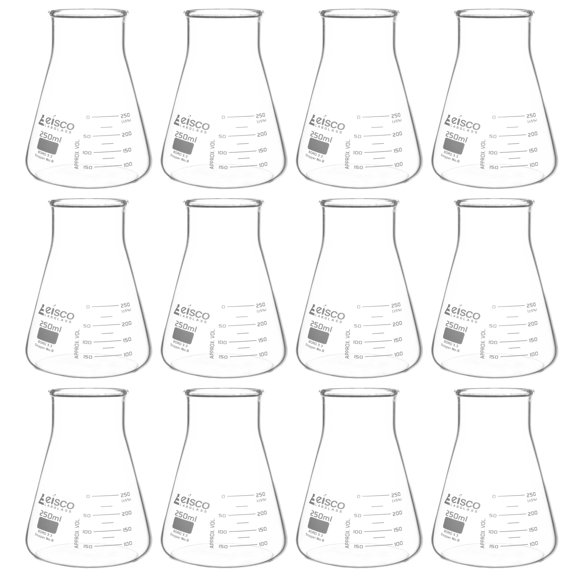 12PK Erlenmeyer Flask, 250mL - Wide Neck - ASTM, Dual Graduated Scale - Borosilicate Glass - Wide Neck Flasks, Conical Flasks, Glass Flasks - Eisco Labs