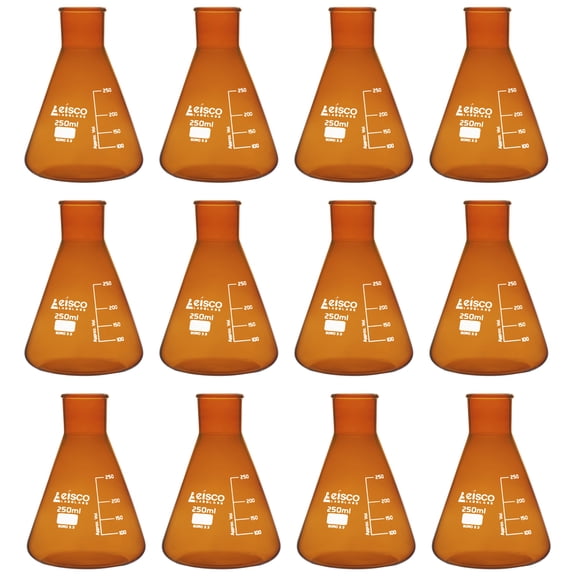 12PK Erlenmeyer Flask, Amber, 250mL - Borosilicate Glass - Narrow Neck Flasks, Conical Flasks, Glass Flasks - Eisco Labs