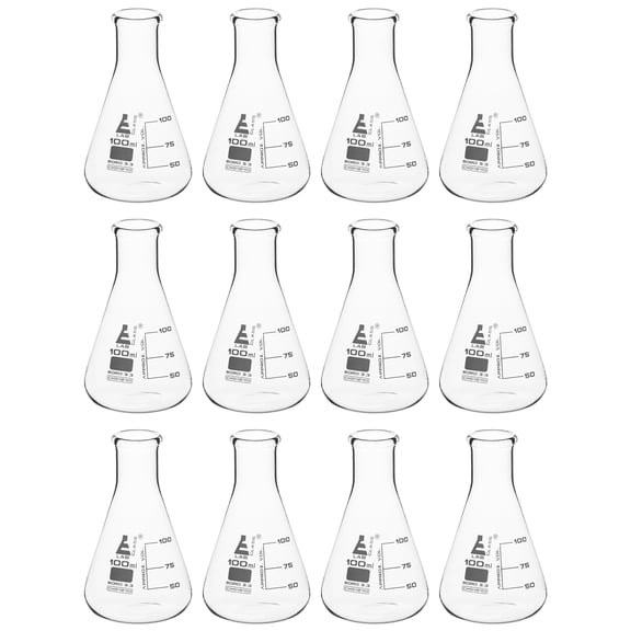 12PK Erlenmeyer Flasks, 100mL - Borosilicate Glass - Narrow Neck Flasks, Conical Flasks, Glass Flasks - Eisco Labs