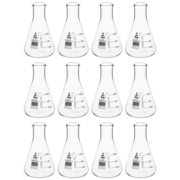 12PK Erlenmeyer Flasks, 100mL - Borosilicate Glass - Narrow Neck Flasks, Conical Flasks, Glass Flasks - Eisco Labs