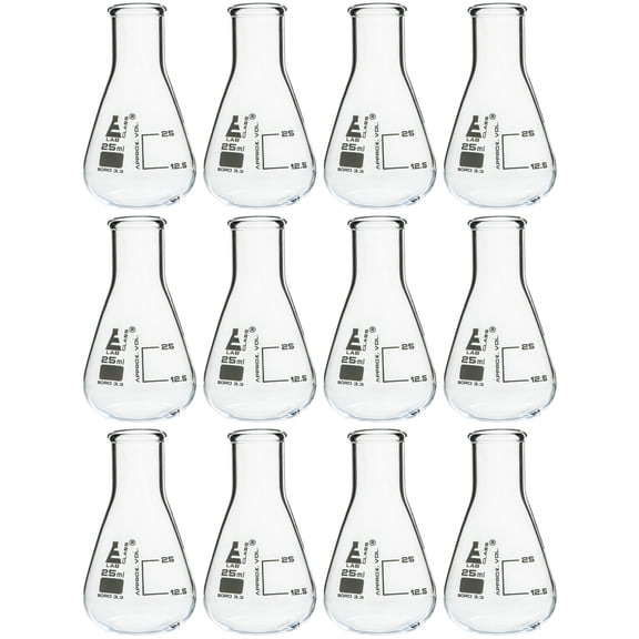 12PK Erlenmeyer Flasks, 25mL - Borosilicate Glass - Narrow Neck Flasks, Conical Flasks, Glass Flasks - Eisco Labs
