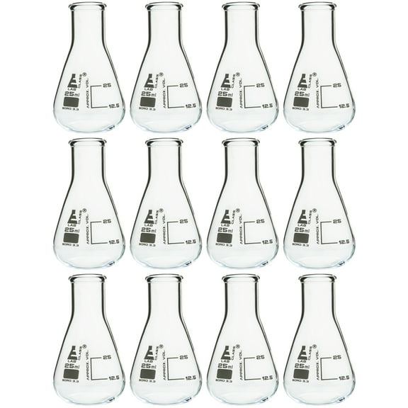 12PK Erlenmeyer Flasks, 25mL - Borosilicate Glass - Narrow Neck Flasks, Conical Flasks, Glass Flasks - Eisco Labs