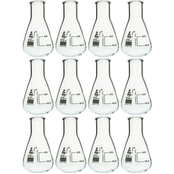 12PK Erlenmeyer Flasks, 25mL - Borosilicate Glass - Narrow Neck Flasks, Conical Flasks, Glass Flasks - Eisco Labs