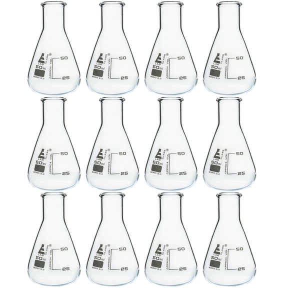 12PK Erlenmeyer Flasks, 50mL - Borosilicate Glass - Narrow Neck Flasks, Conical Flasks, Glass Flasks - Eisco Labs