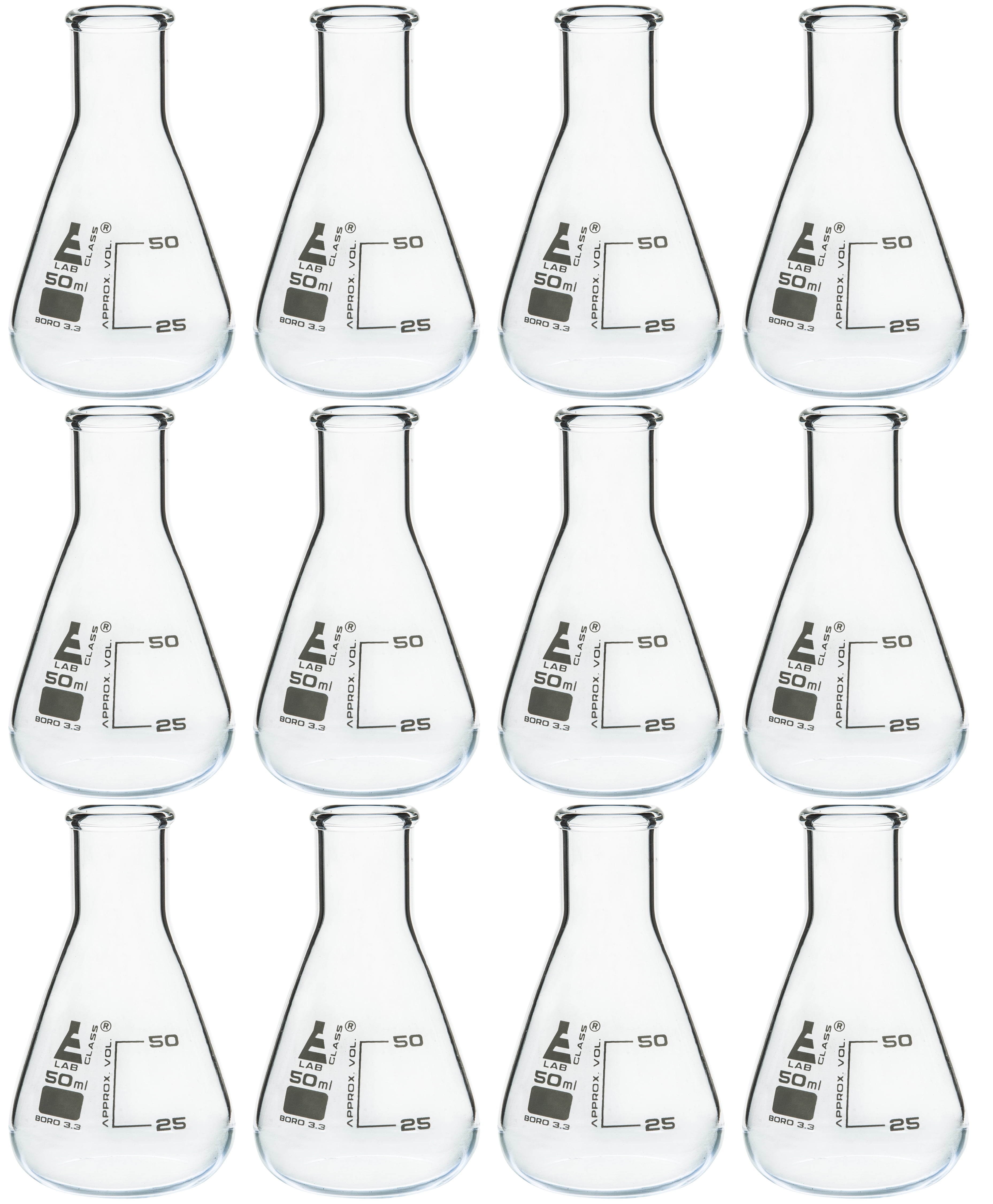 12PK Erlenmeyer Flasks, 50mL Borosilicate Glass Narrow Neck Flasks, Conical Flasks, Glass