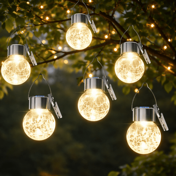 12PK Outdoor Hanging Solar Lights Solar Powered Crackle Glass Ball Lights Waterproof Tree Hanging Outdoor Globe Lights with Hook and Clip for Garden Balcony Patio