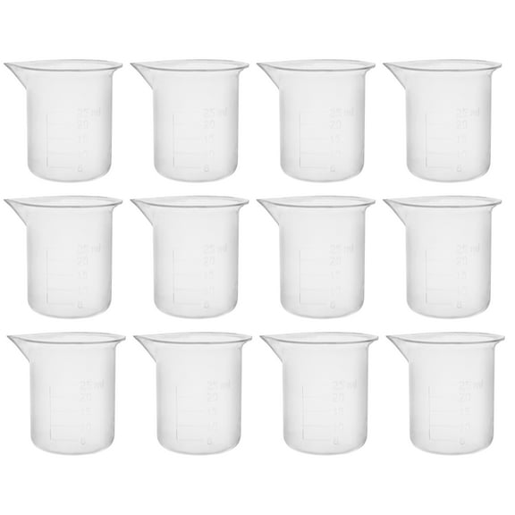12PK Plastic Beaker, 25ml - Polypropylene Plastic - Raised Graduations, Tapered Spout - Euro Design - Eisco Labs