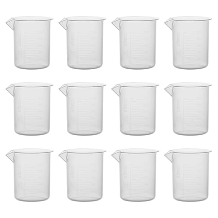 12PK Plastic Beakers, 100ml - Polypropylene Plastic - Raised Graduations, Tapered Spout - Euro Design - Eisco Labs