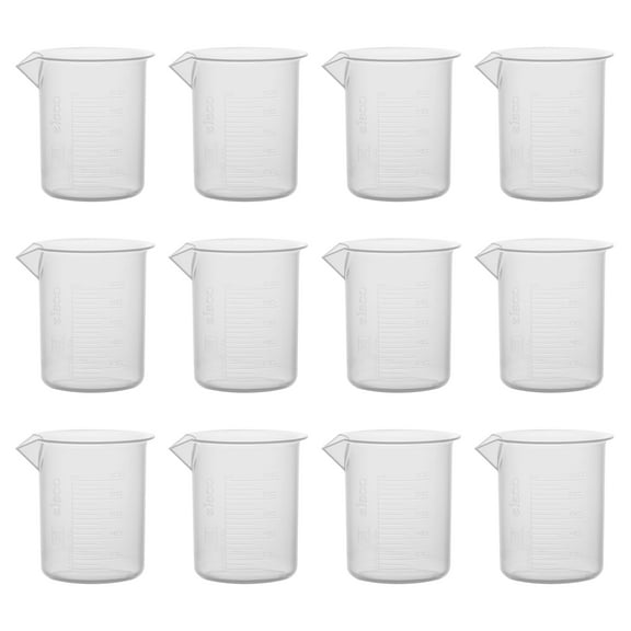 12PK Plastic Beakers, 100ml - Polypropylene Plastic - Raised Graduations, Tapered Spout - Euro Design - Eisco Labs