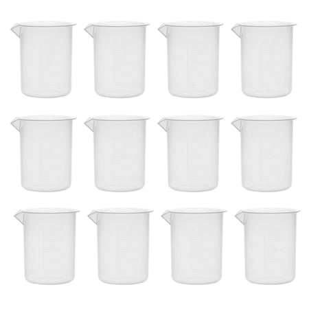 12PK Plastic Beakers, 250ml - Polypropylene Plastic - Raised Graduations, Tapered Spout - Euro Design - Eisco Labs