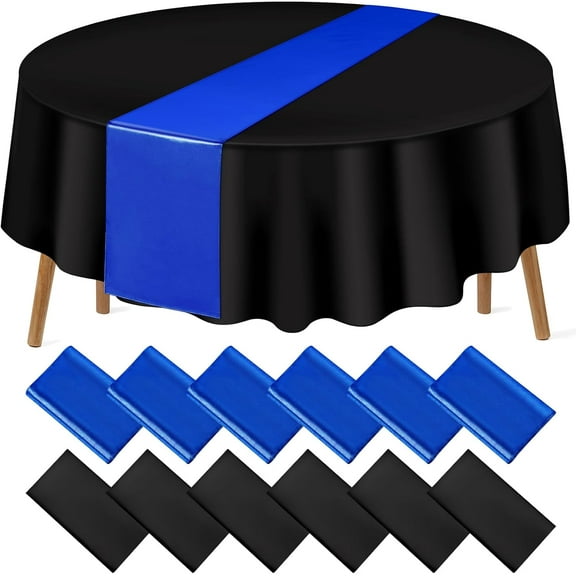 12Pack 12x108 Inch Satin Table Runner and 84 Inch Round Plastic Tablecloths Set Black and Blue Disposable Round Table Cover for Graduation Wedding Bridal Shower Anniversary Birthday Party Decorations