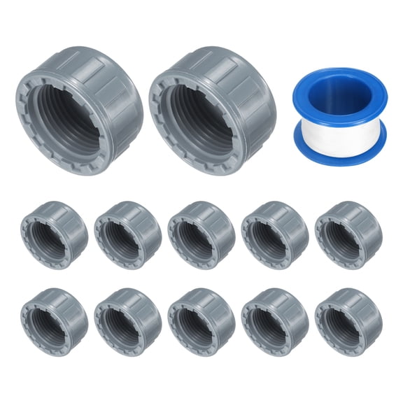 12Pack 3/4 Inch PT Female Thread Pipe Fitting Cap, Cleanout Water Drain End Caps, Pipe Plug Socket Fittings with Tape for Water Heater Supply Lines, Plumbing, Gray