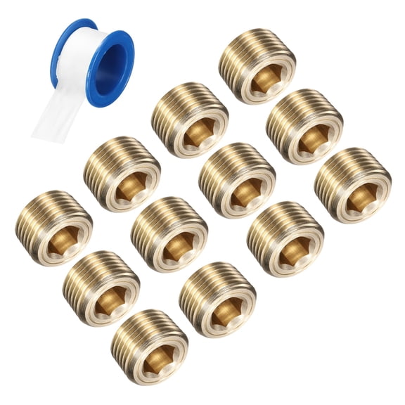 12Pack 3/8 NPT Brass Pipe Plug Fitting, Male Thread Internal Hex Socket Pipe Cap, Countersunk Plug for Sealing Pipe Port, Pneumatic Solenoid Valve
