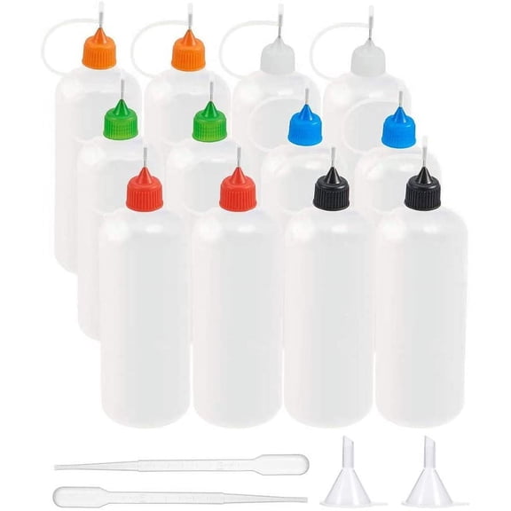 12Pack 4 Ounce Multi Purpose DIY Precision Tip Applicator Bottles Set - DIY Quilling Glue Applicator Oiler Bottle- With 6 Different Color Tips (12 Tips)