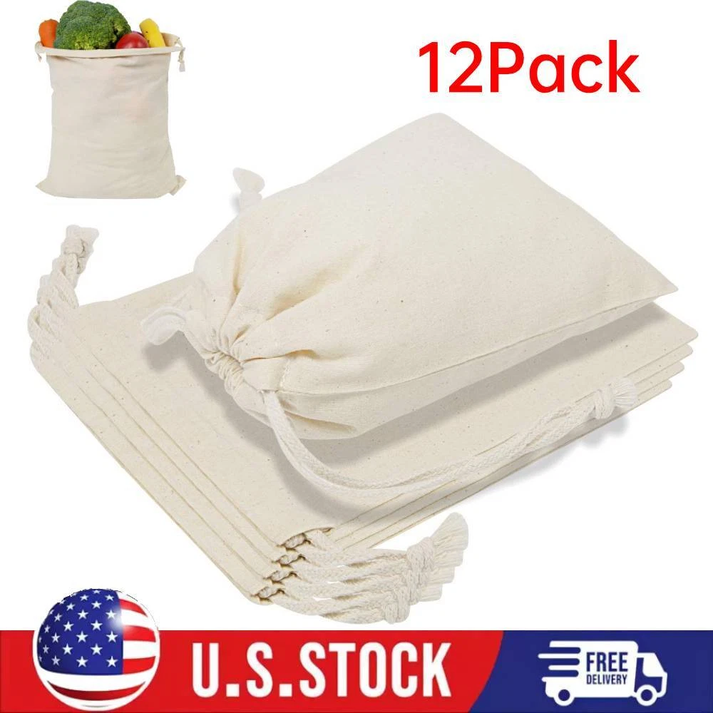 12Pack 6” X 8” Reusable Produce Bags, Muslin Bags With Drawstrings For Storage