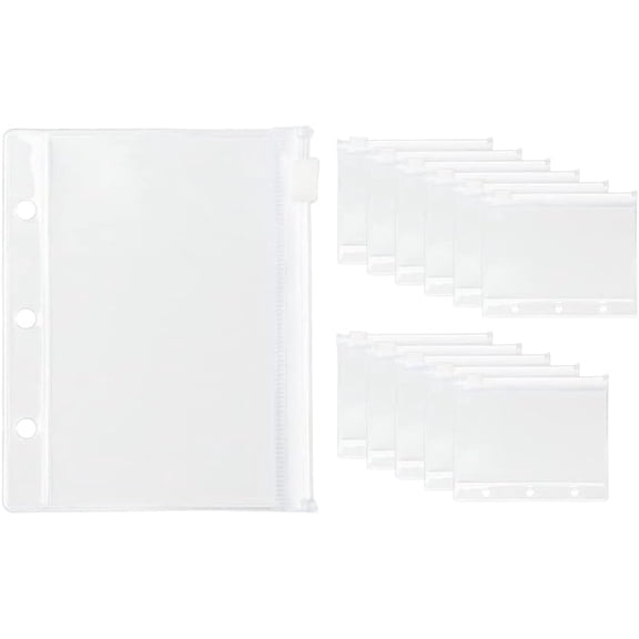 12Pack Binder Pockets Clear Mini Size Zipper Binder Pouches Bag Waterproof Loose Leaf 3 Holes Zipper Binder Pockets for Journal Budget Filing Pockets Bags