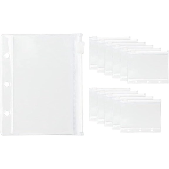 12Pack Binder Pockets Clear Mini Size Zipper Pouches Bag Waterproof Loose Leaf 3 Holes for Journal Budget Filing Bags