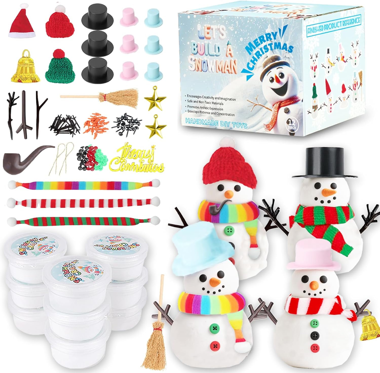 12Pack Build a Snowman Kit - Christmas Crafts,Air Dry Clay Snowman Crafts,Modeling Clay Snowman DIY Kit,Christmas Crafts Xmas Holiday Party Decor Gift